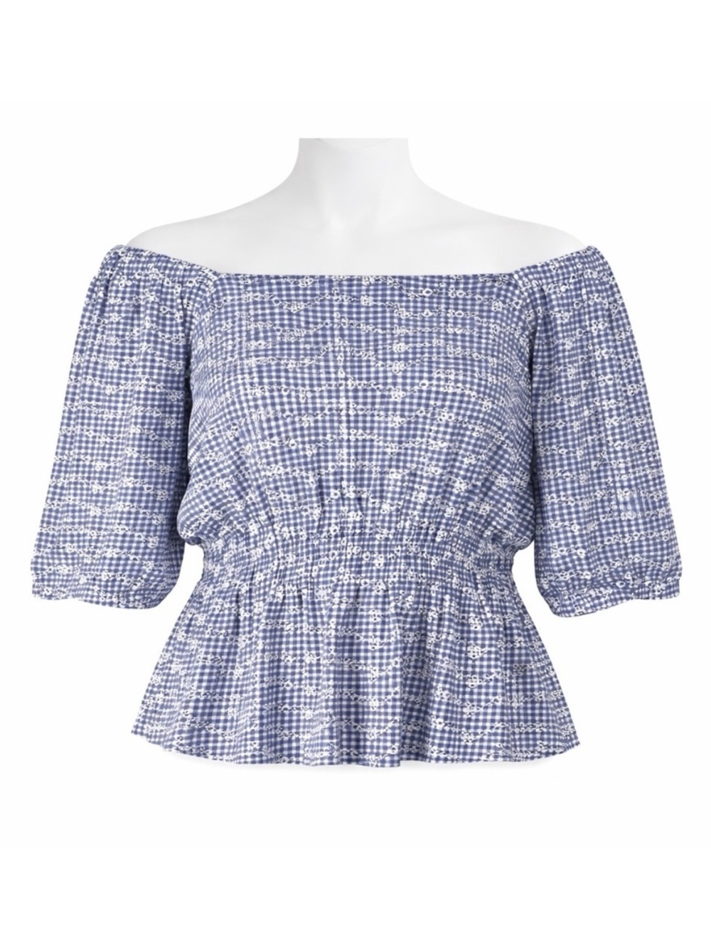Size 1X Belldini Blue White Gingham Off-Shoulder Peplum Top‎